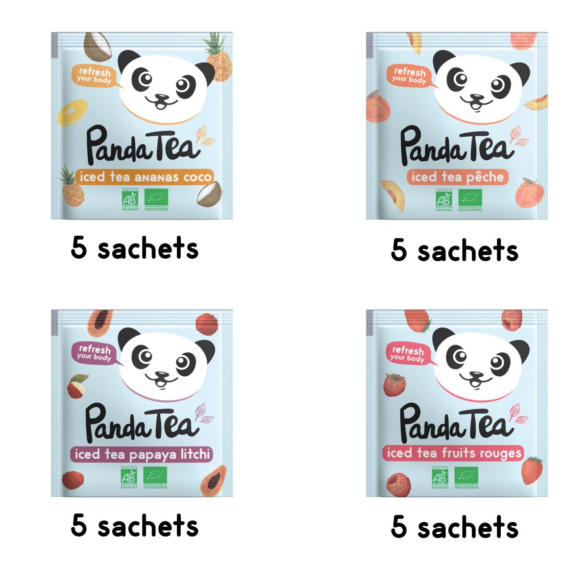 Panda Tea - Ice Tea Detox, Thé Glacé, Infusion à Froid - Saveur Pêche,  Hibiscus, Vanille - Certifié Biologique - 28 Sachets Coton - Idée Cadeau  Femme Homme Anniversaire : : Epicerie